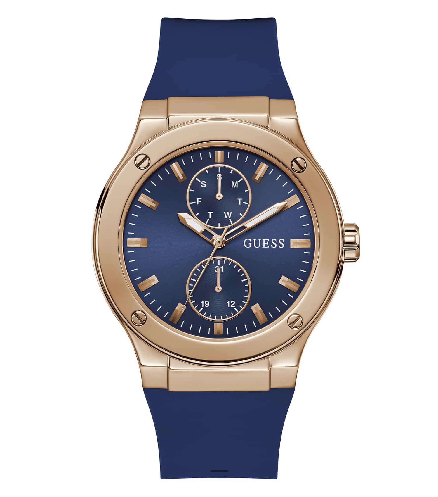 Guess watch in rose gold tone, front angle view, showcasing the elegant round dial, sleek leather strap, and detailed time markers.