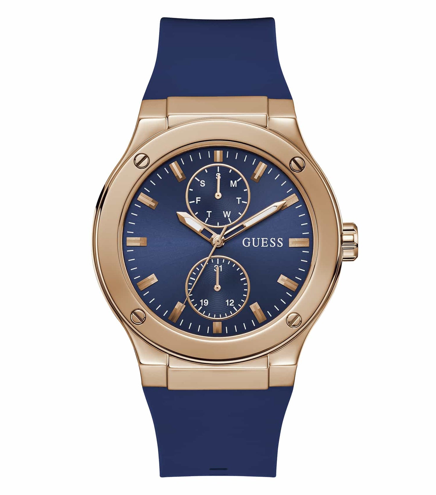 Guess watch in rose gold tone, front angle view, showcasing the elegant round dial, sleek leather strap, and detailed time markers.