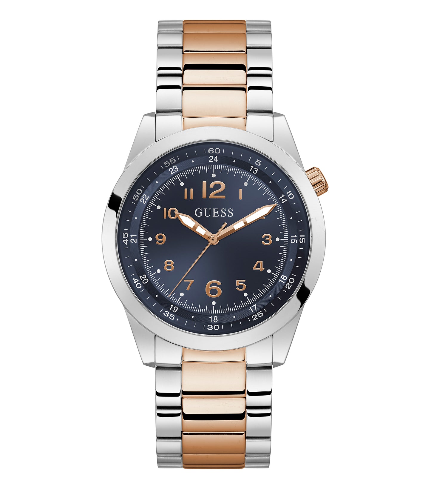 Passionate about timepieces: Guess watch in sleek gold, angled to showcase its elegant face and intricate detailing.
