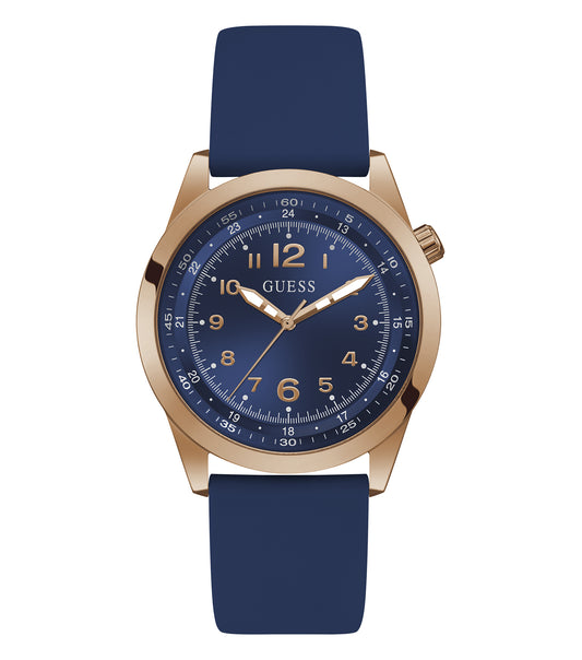 Guess Max Quartz Watch in matte black, featuring a bold time display, showcased at a 42-degree angle for modern elegance.