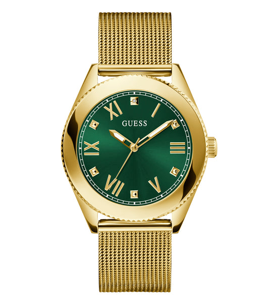 Guess watch in captivating none color, showcasing elegant design from a top-down angle on a smooth white background.