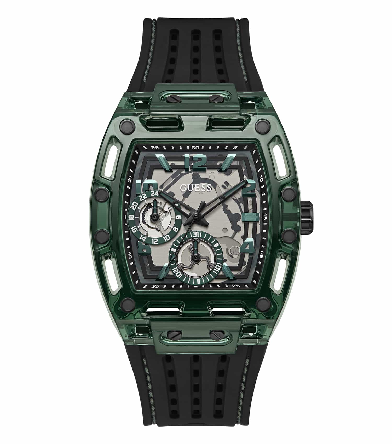 Guess watch in vibrant green, model GW0499G7, showcased at a 45-degree angle emphasizing sleek design and radiant style.
