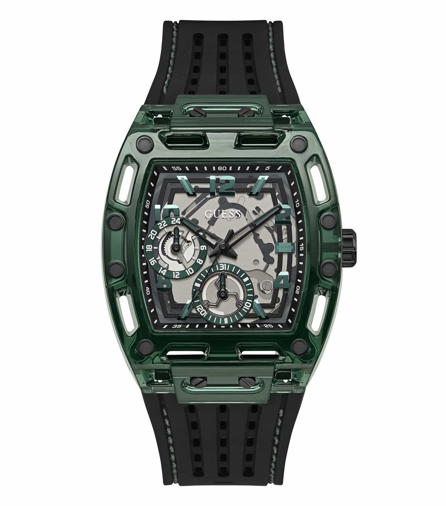 Guess watch in vibrant green, model GW0499G7, showcased at a 45-degree angle emphasizing sleek design and radiant style.