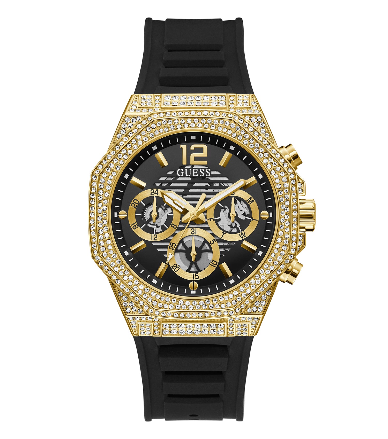 Guess Quartz Watch, front angle view showcasing elegant black dial, gold-tone stainless steel case and bracelet, luxury men's timepiece.