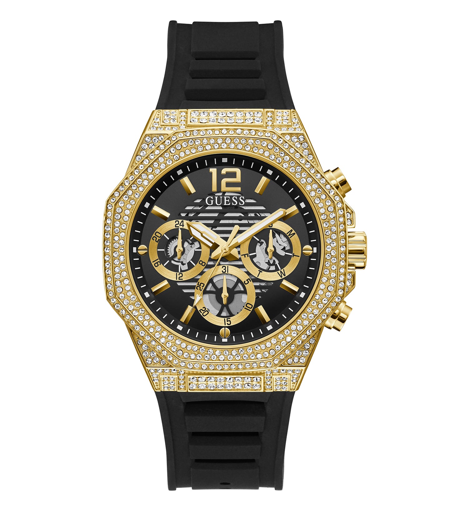 Guess Quartz Watch, front angle view showcasing elegant black dial, gold-tone stainless steel case and bracelet, luxury men's timepiece.