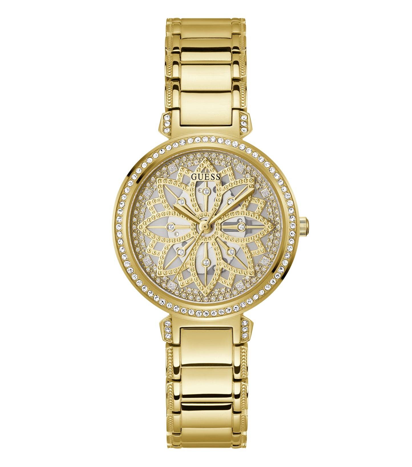 Guess GW0528L2 pink watch with gold accents displayed at a 36-degree angle, showcasing its elegant and modern design.