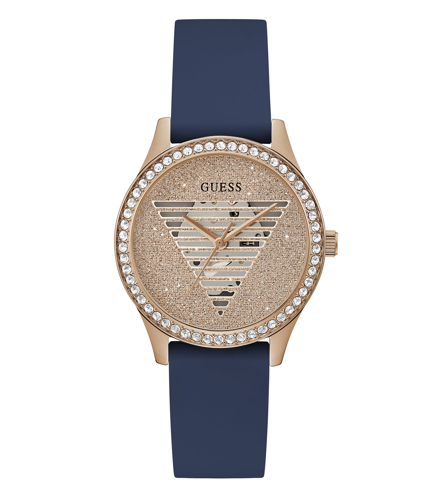 Guess watch, gold-tone Guess GW0530L3 with a gleaming round dial, sparkling bezel, side angle; chic, elegant wristwatch design.