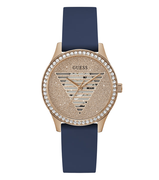 Guess watch, gold-tone Guess GW0530L3 with a gleaming round dial, sparkling bezel, side angle; chic, elegant wristwatch design.