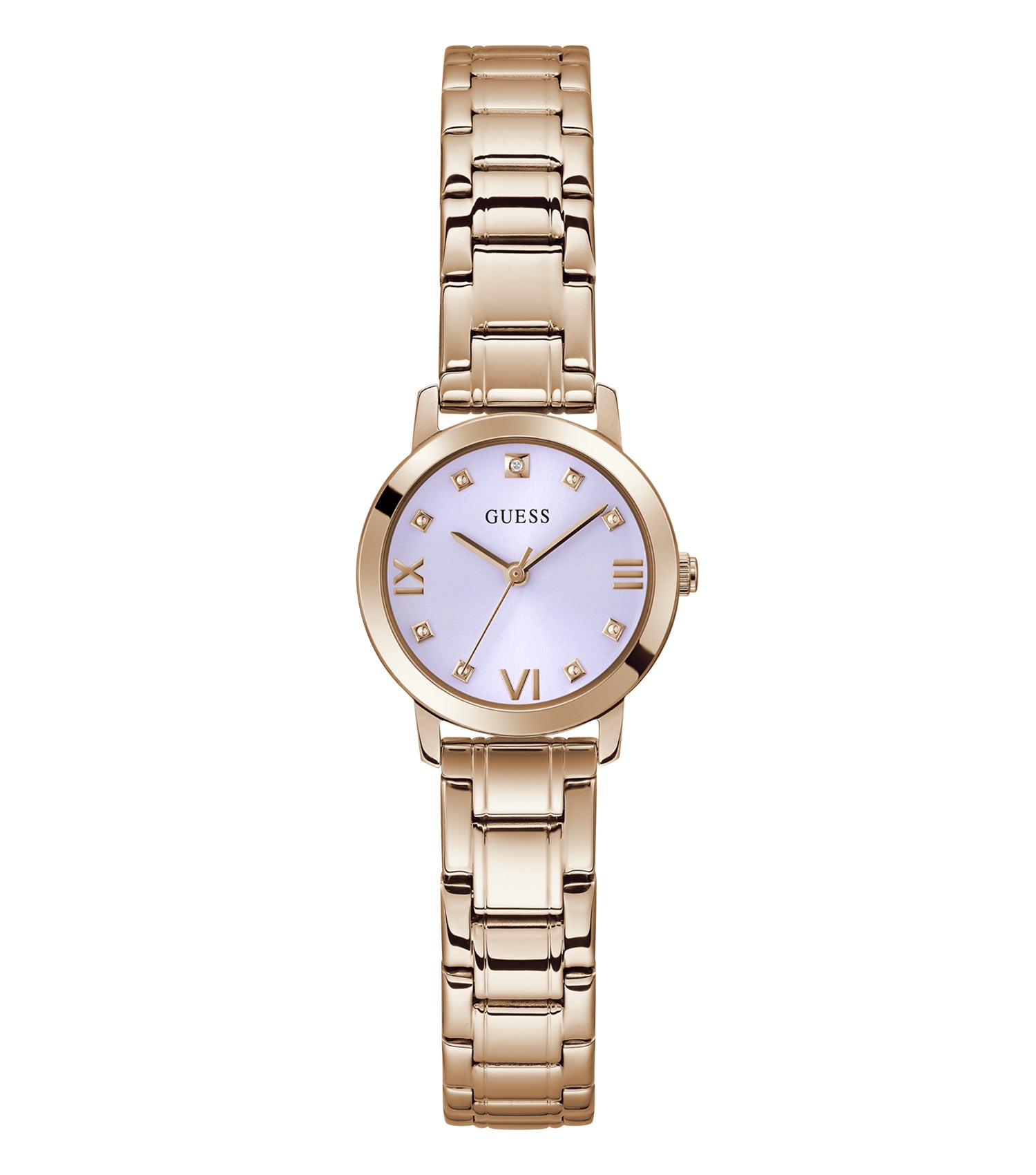 Guess Watch in stunning monochrome hue with sleek round face, minimalist hour markers; side angle showcases luxurious elegance.