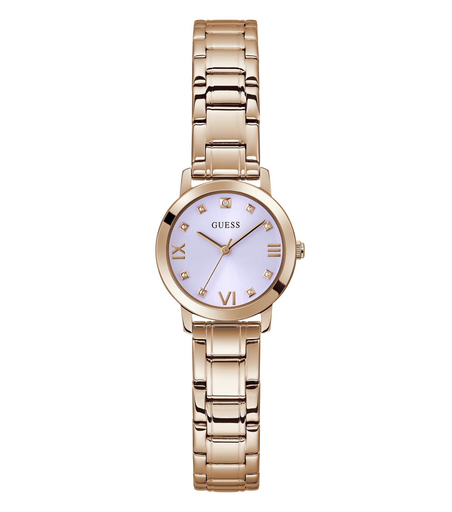 Guess Watch in stunning monochrome hue with sleek round face, minimalist hour markers; side angle showcases luxurious elegance.