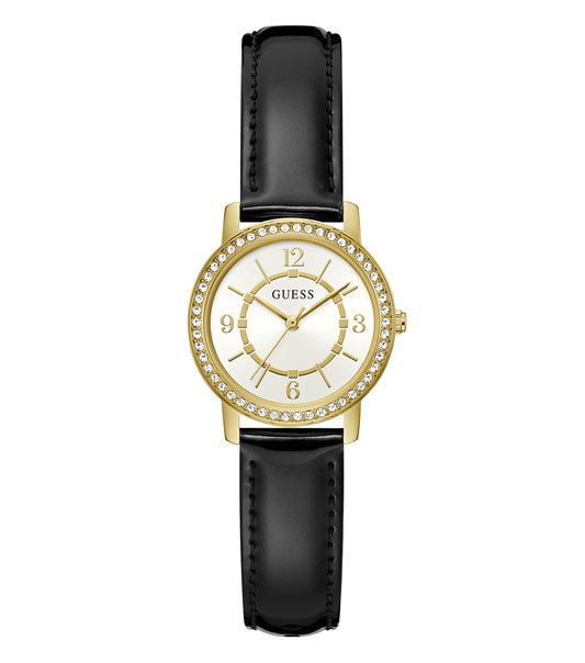 Guess Quartz watch with a sleek gold-tone finish displayed at a 45-degree angle, showcasing elegant details on a neutral background.