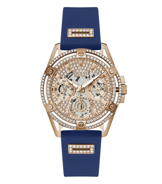 Guess women's watch with black band and gold-tone bezel, angled at 40 degrees, showcasing a stylish and modern timepiece design.