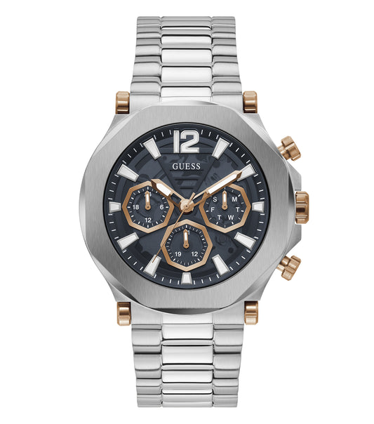 Sophisticated Guess watch with a sleek black edge, stylishly angled to showcase its minimalist face and comfortable band.