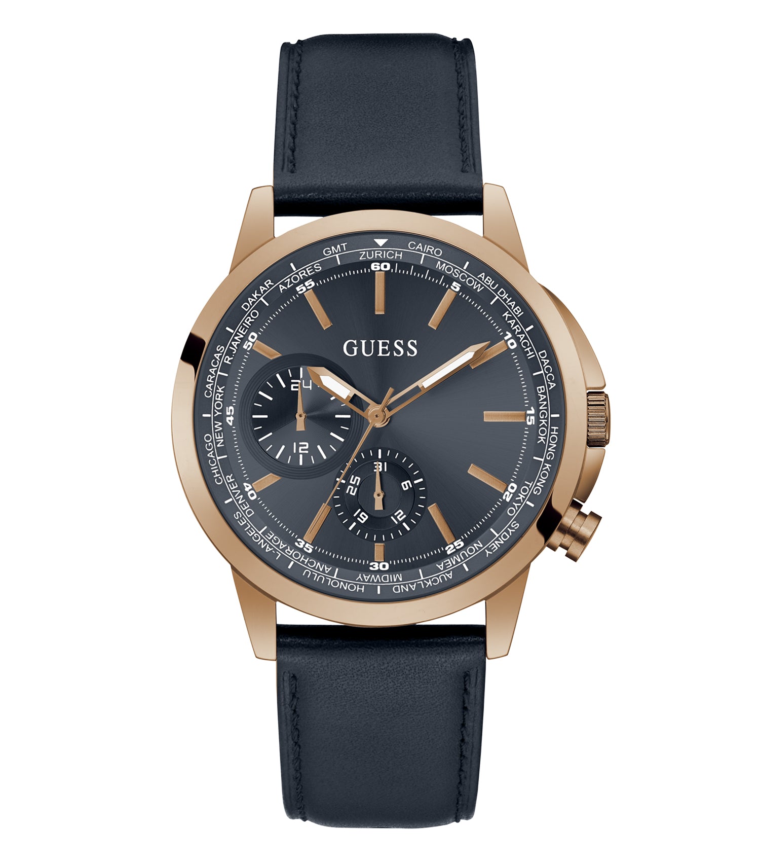 Guess quartz watch in elegant blue, eye-catching round face, angled at 45 degrees, displaying refined design and craftsmanship.
