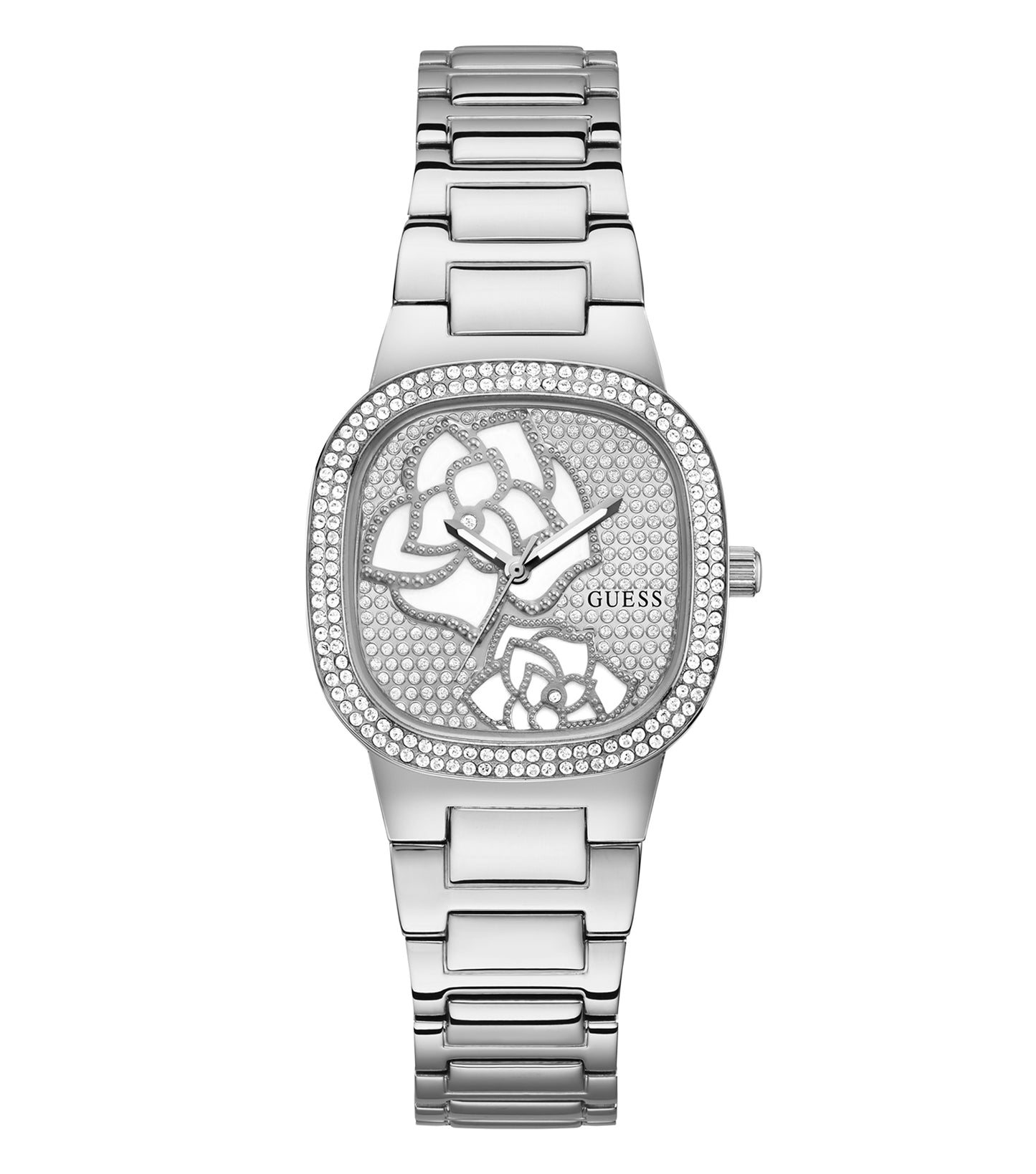 Elegant Guess rose color women's watch displayed at a 32-degree angle, showcasing its sleek design and sophisticated appeal.