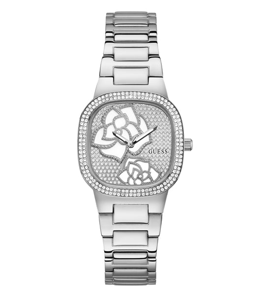 Elegant Guess rose color women's watch displayed at a 32-degree angle, showcasing its sleek design and sophisticated appeal.