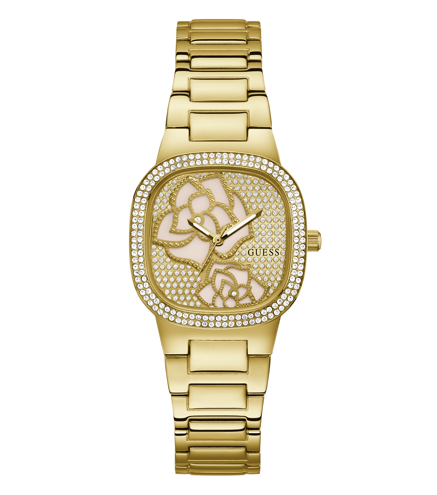  Guess pink watch showcasing a sophisticated design, close-up angle highlights its elegant dial and classic strap, perfect for fashion enthusiasts.