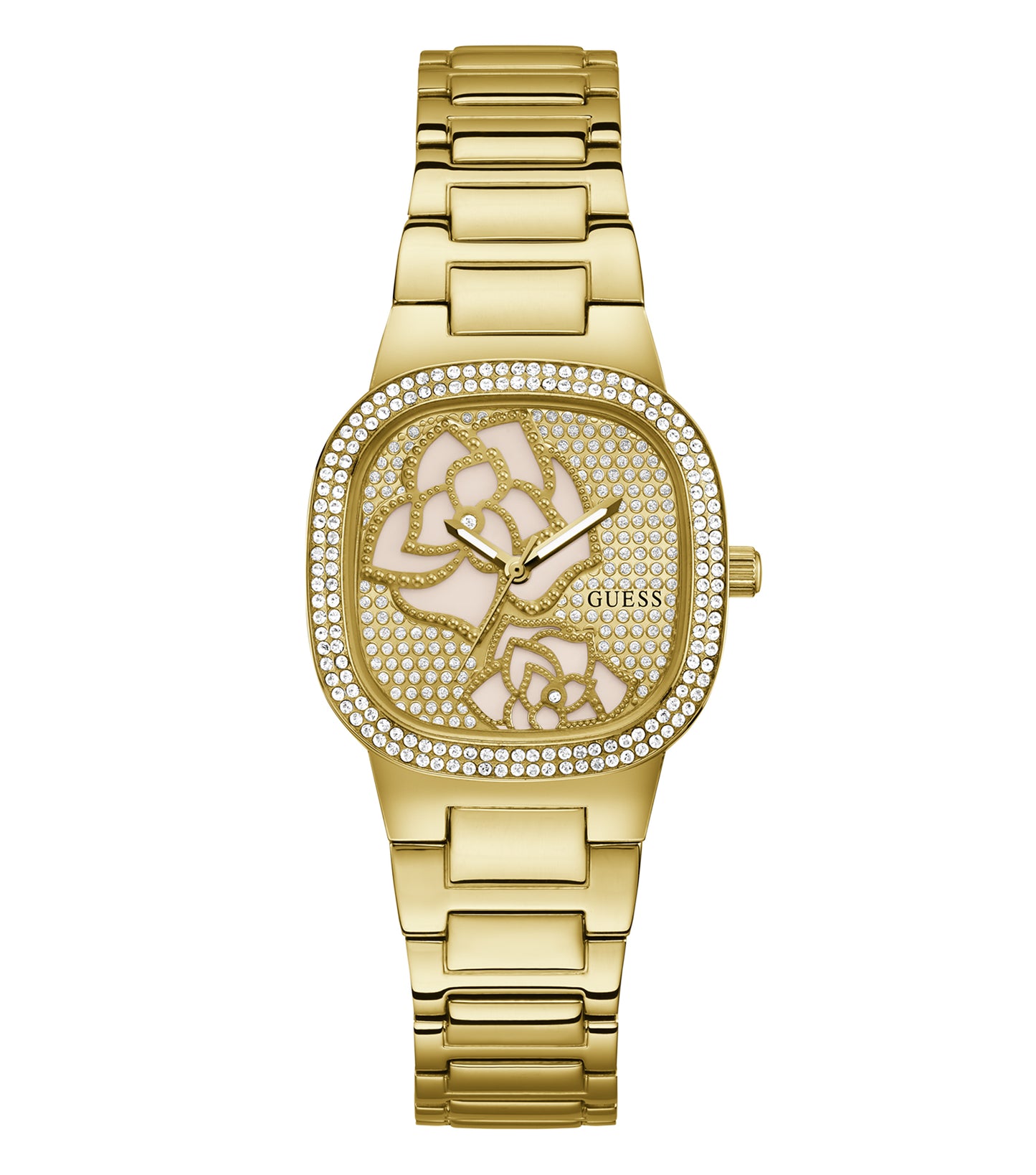  Guess pink watch showcasing a sophisticated design, close-up angle highlights its elegant dial and classic strap, perfect for fashion enthusiasts.