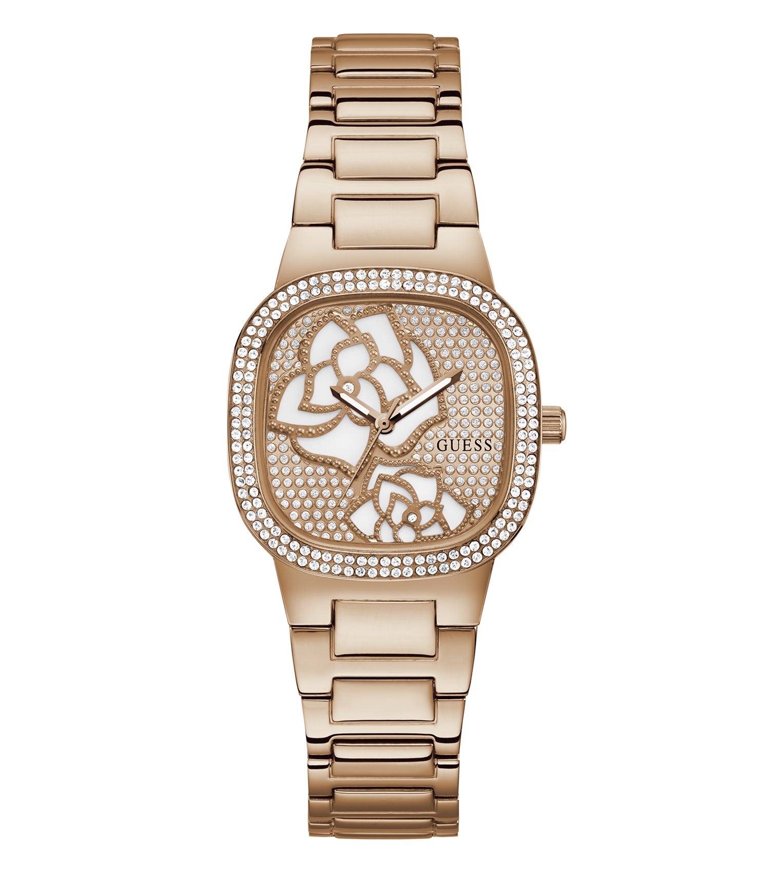 Elegant rose-colored Guess watch displayed at a 32-degree angle, showcasing its minimalist design and stylish appeal.