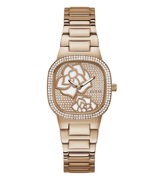 Elegant rose-colored Guess watch displayed at a 32-degree angle, showcasing its minimalist design and stylish appeal.