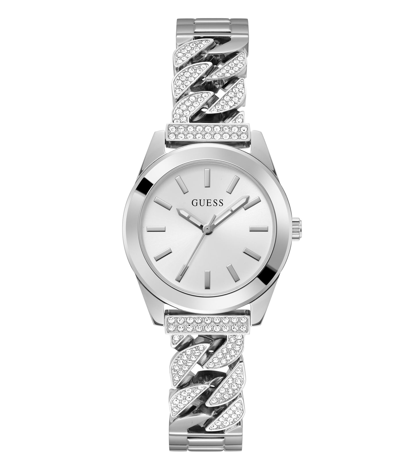 Guess quartz watch in vibrant blue, showcasing an elegant round dial with gold accents, angled from the front right perspective.