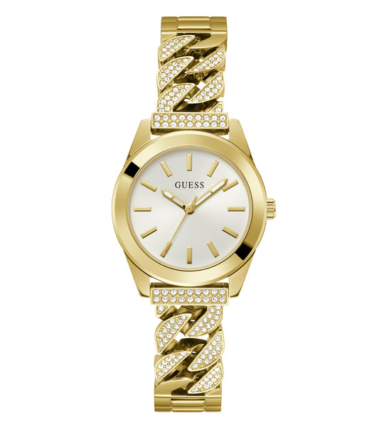  Elegant Guess watch in a sleek gold tone, captured at a three-quarter angle, showcasing its stylish design and shimmering finish.