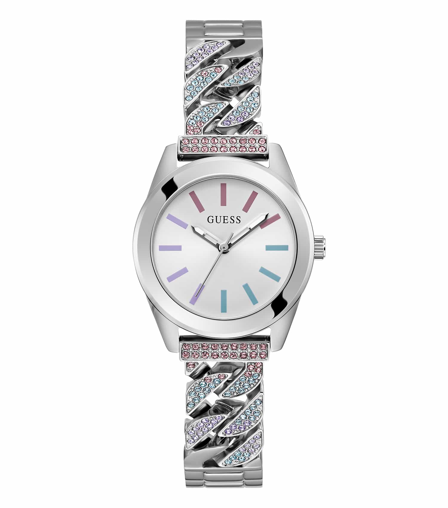 Guess watch in a chic gold tone with a sleek rounded face, side view showcasing elegant design and intricate detailing.