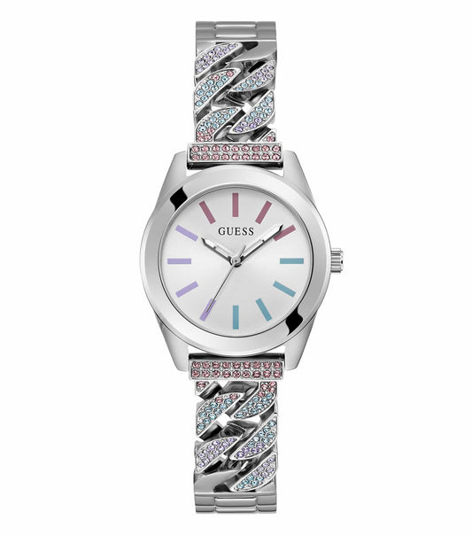 Guess watch in a chic gold tone with a sleek rounded face, side view showcasing elegant design and intricate detailing.