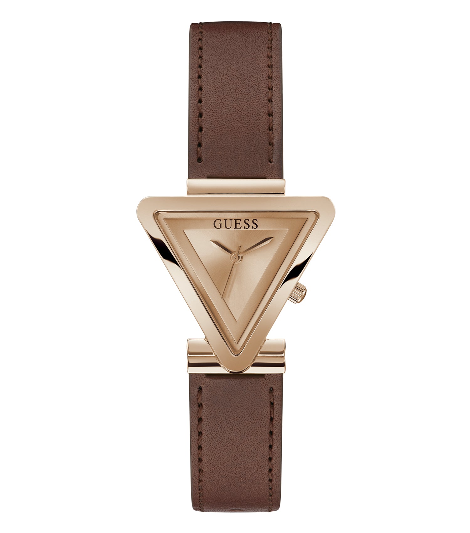 White Guess women's watch with gold accents, elegant face, and crystal embellishments, angled at 3/4 view for a chic look.