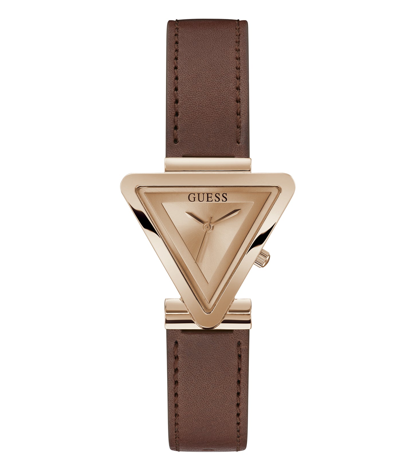 White Guess women's watch with gold accents, elegant face, and crystal embellishments, angled at 3/4 view for a chic look.