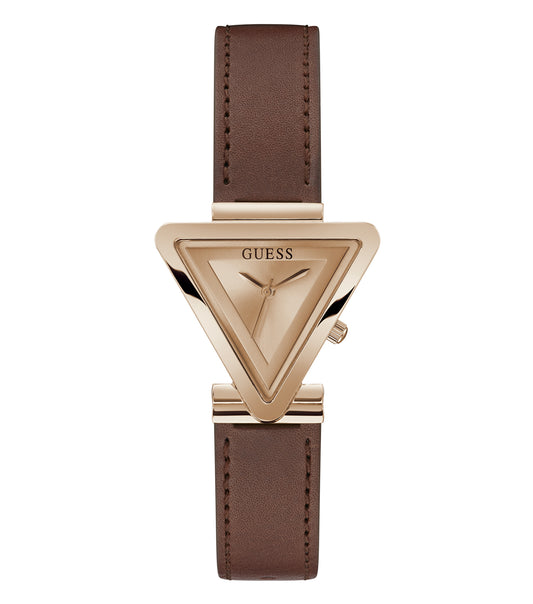 White Guess women's watch with gold accents, elegant face, and crystal embellishments, angled at 3/4 view for a chic look.