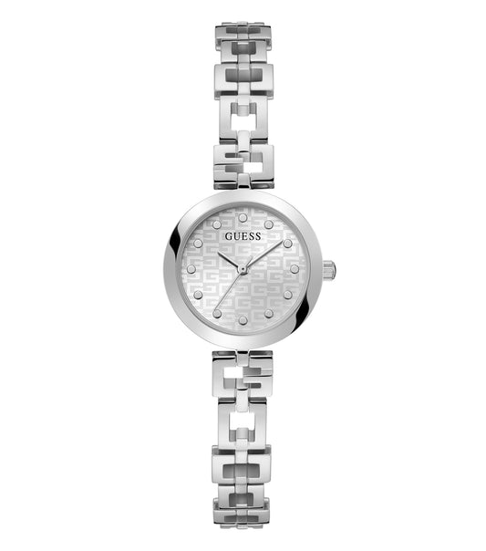 Elegant gold Guess watch showcasing a chic round face and shimmering details, side angle view highlighting the luxurious design.