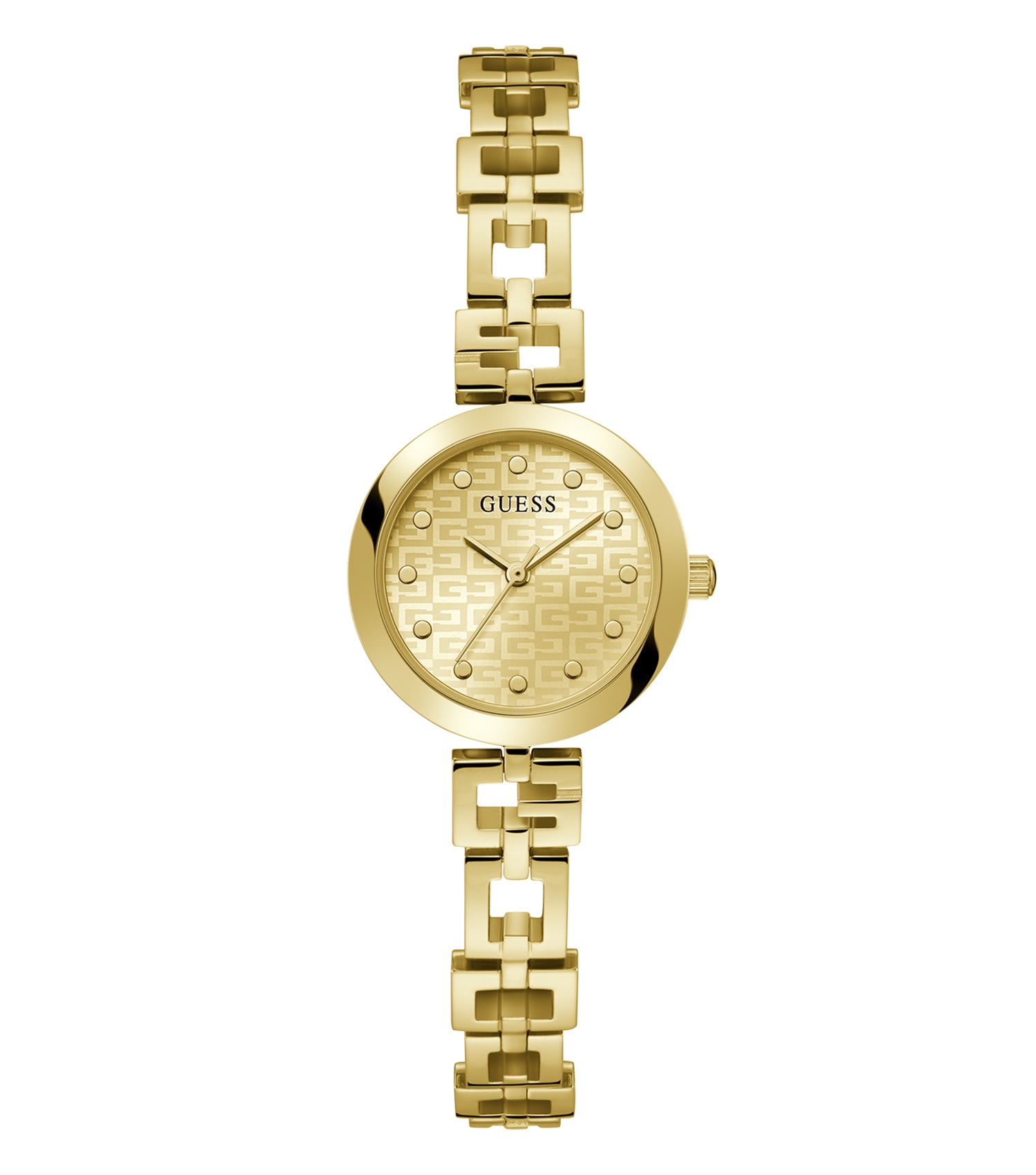 Elegant Guess gold watch featuring a classic round face at a dynamic angle, capturing its luxurious design and exquisite details.