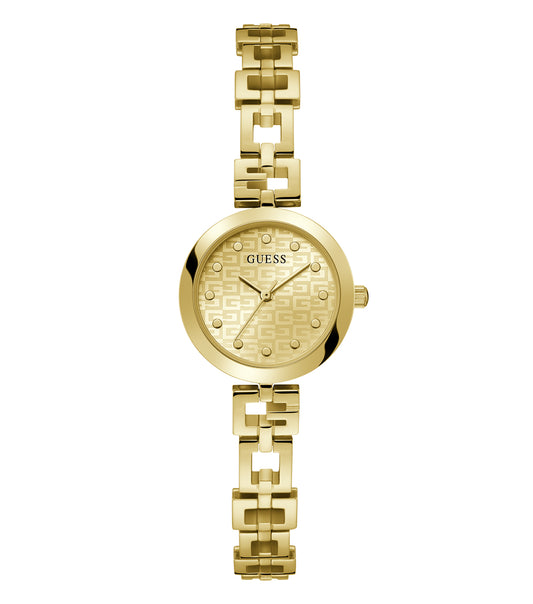 Elegant Guess gold watch featuring a classic round face at a dynamic angle, capturing its luxurious design and exquisite details.