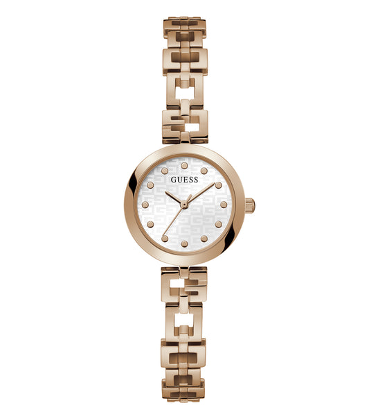 Guess Quartz watch in a side angle, featuring a rose gold case and mesh strap, exuding elegance and timeless style.