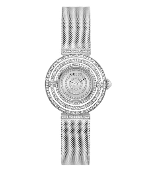 Guess Quartz Women's Watch - Gold-toned face, elegantly angled at 36 degrees, showcasing intricate details and stylish bracelet design.