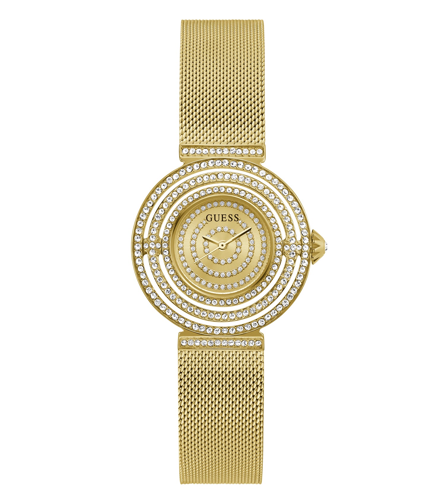 Stylish Guess quartz watch with a gold-toned bezel and white face, top-down angle, exuding elegance and modernity.