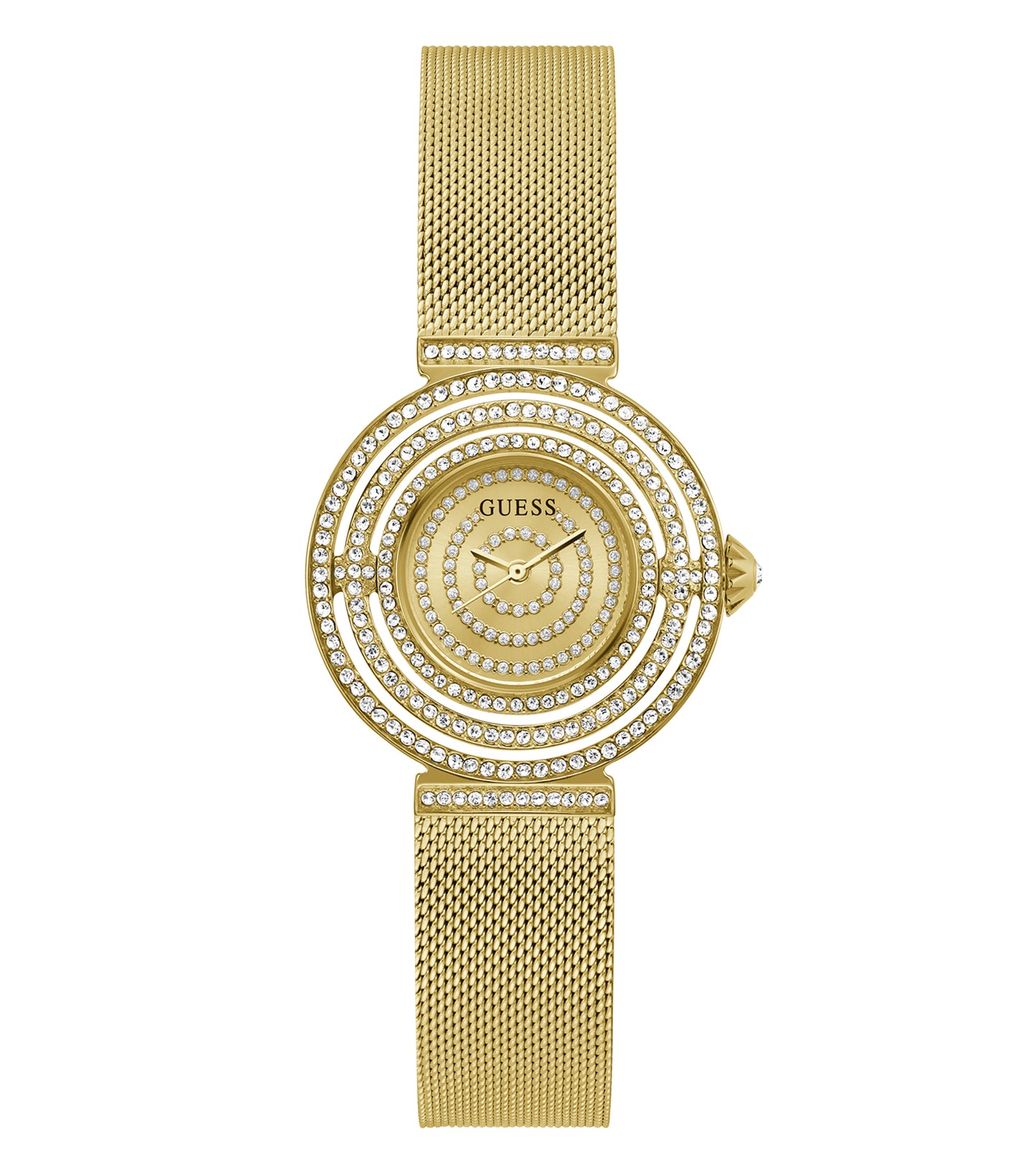 Stylish Guess quartz watch with a gold-toned bezel and white face, top-down angle, exuding elegance and modernity.