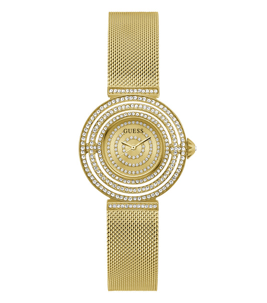Stylish Guess quartz watch with a gold-toned bezel and white face, top-down angle, exuding elegance and modernity.