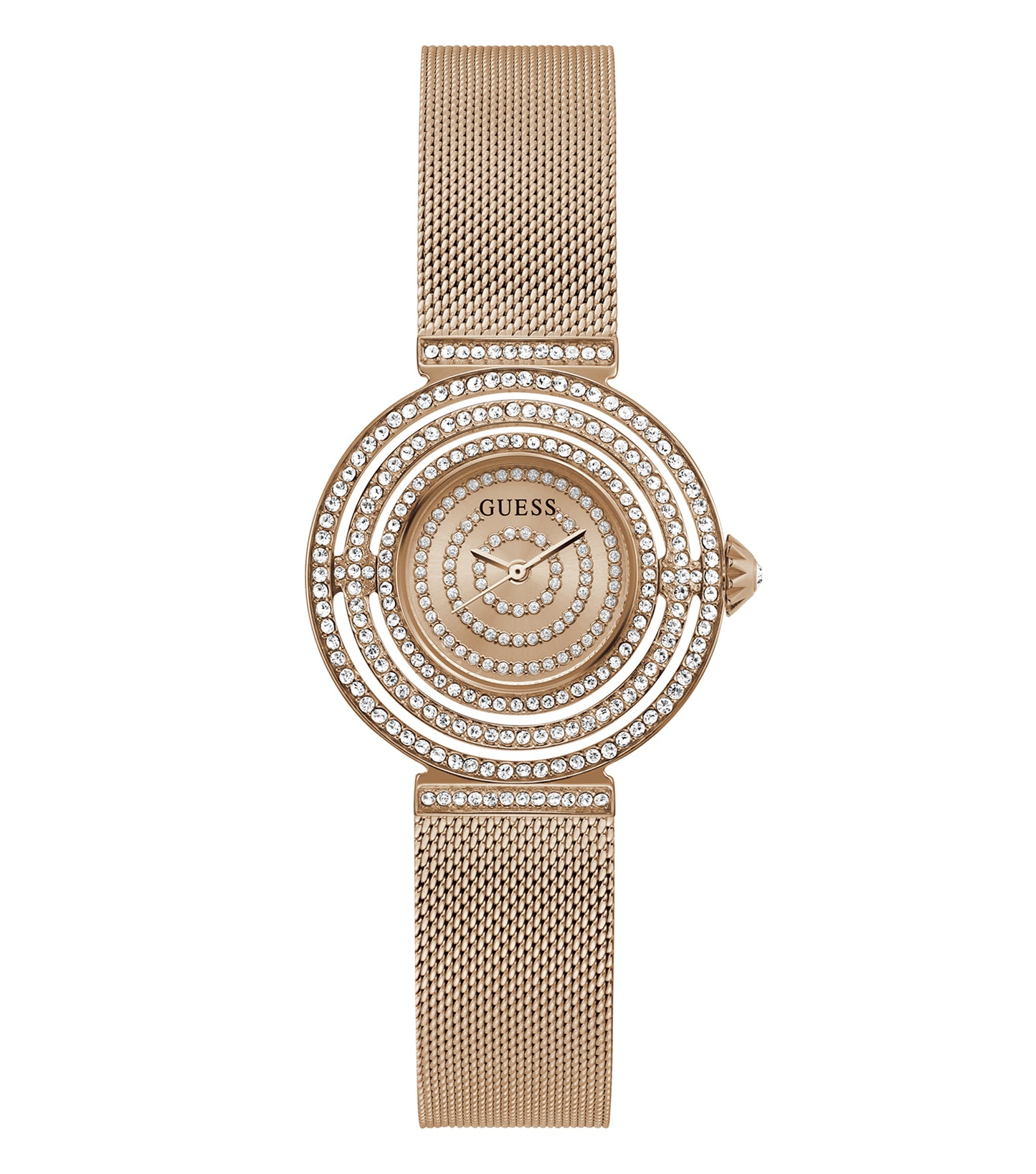 Elegant Guess quartz watch with a plush blue strap, showcasing a rose gold tone dial and crystal hour markers in a face-up angle.