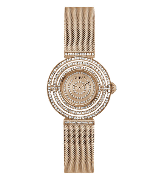 Elegant Guess quartz watch with a plush blue strap, showcasing a rose gold tone dial and crystal hour markers in a face-up angle.