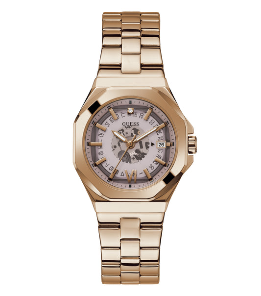 Guess women's watch with silver-tone stainless steel case and bracelet, featuring a textured dial, angled elegantly for a striking side view.