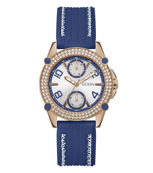 Guess Quartz watch in elegant rose gold, showcasing a sleek round face with crystal accents, front angle view.