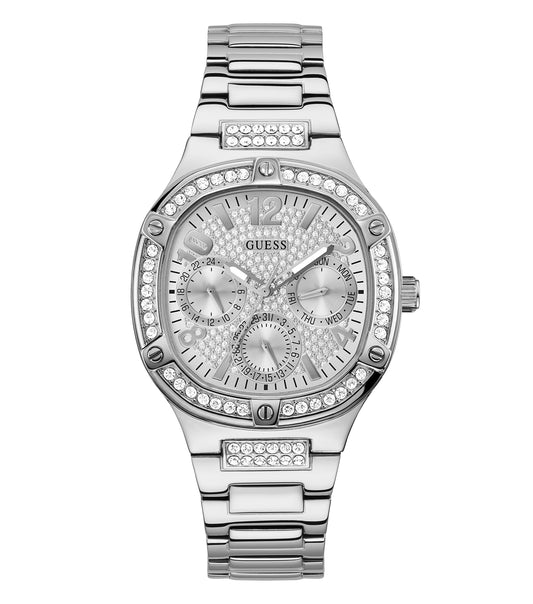 Guess quartz women's watch in metallic hue, angled to showcase its elegant round dial and sleek bracelet, embodying timeless style.