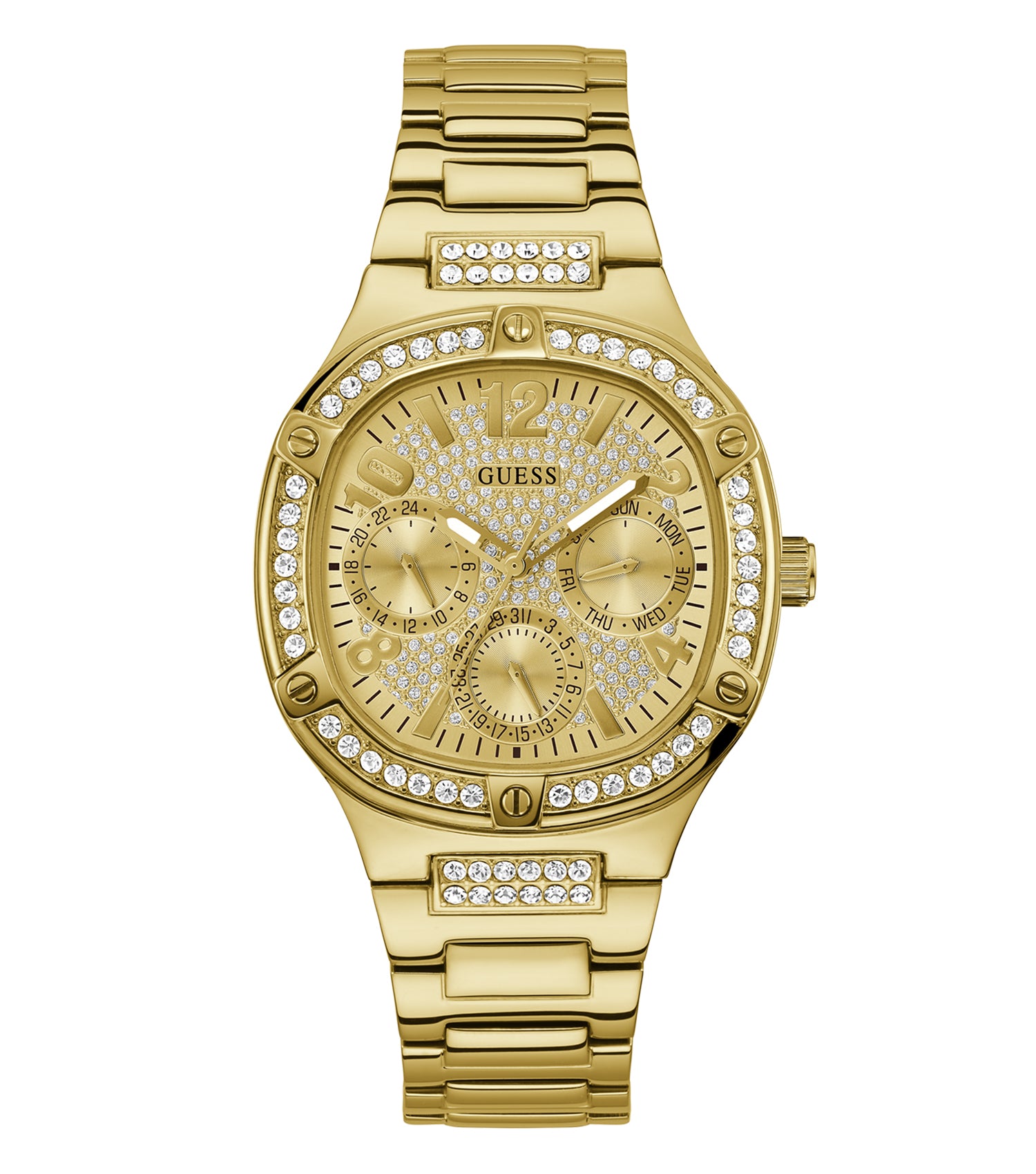 Guess gold watch elegantly angled, showcasing its luxurious finish with a sleek circular design against a soft background.