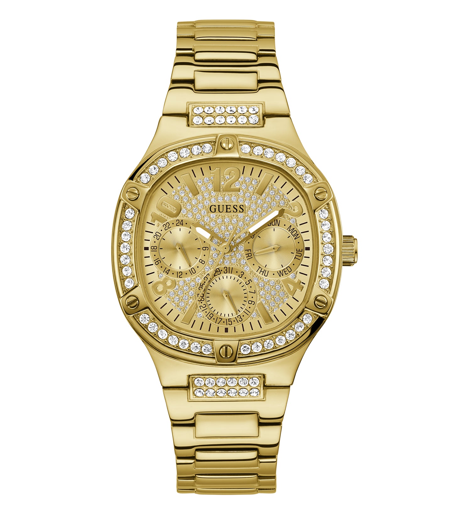 Guess gold watch elegantly angled, showcasing its luxurious finish with a sleek circular design against a soft background.