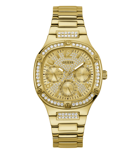 Guess gold watch elegantly angled, showcasing its luxurious finish with a sleek circular design against a soft background.
