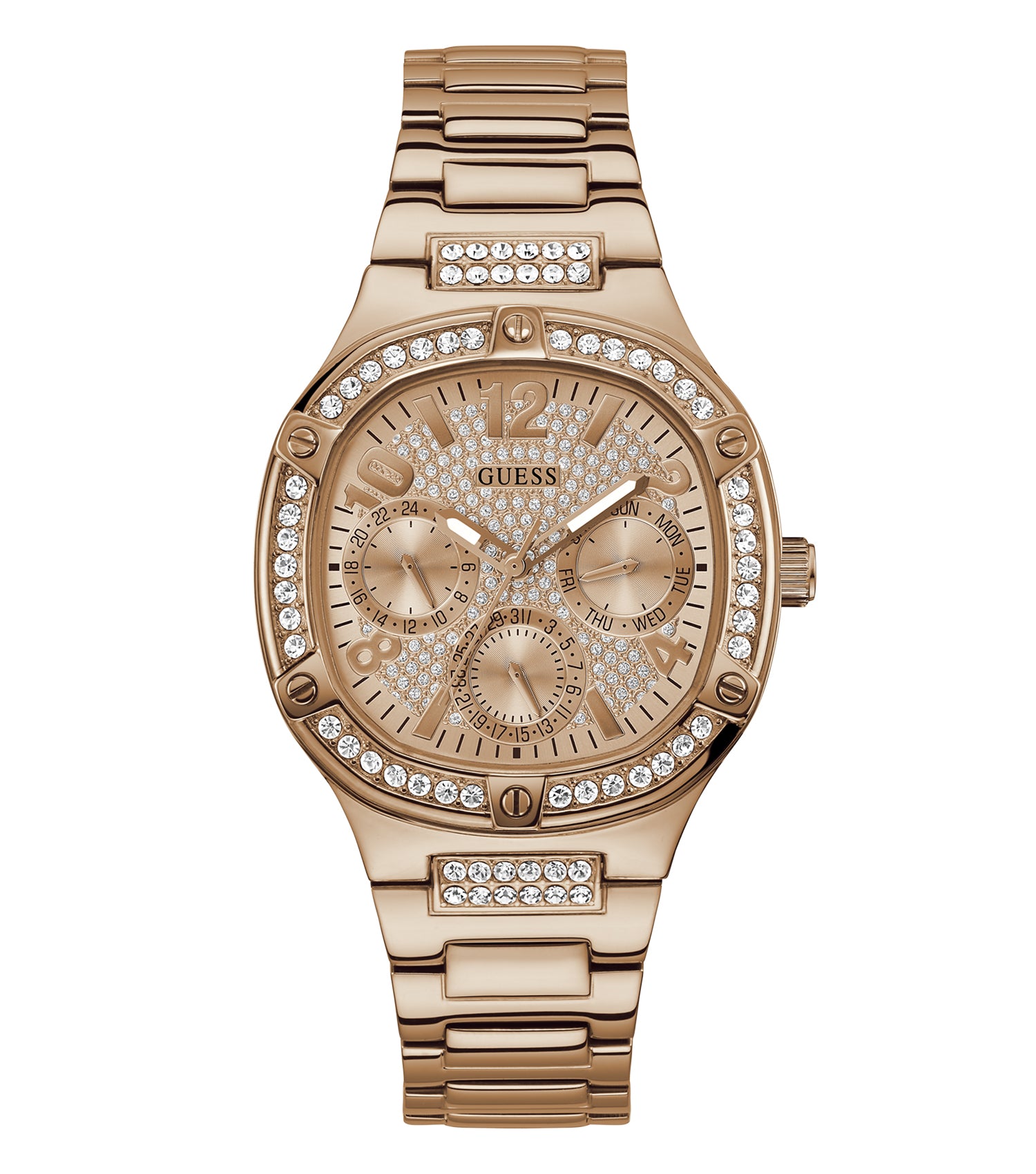 Guess Watch GW0558L3, 40mm, gold-tone, round face, close-up angle, exquisite design, elegant timepiece, stunning craftsmanship.