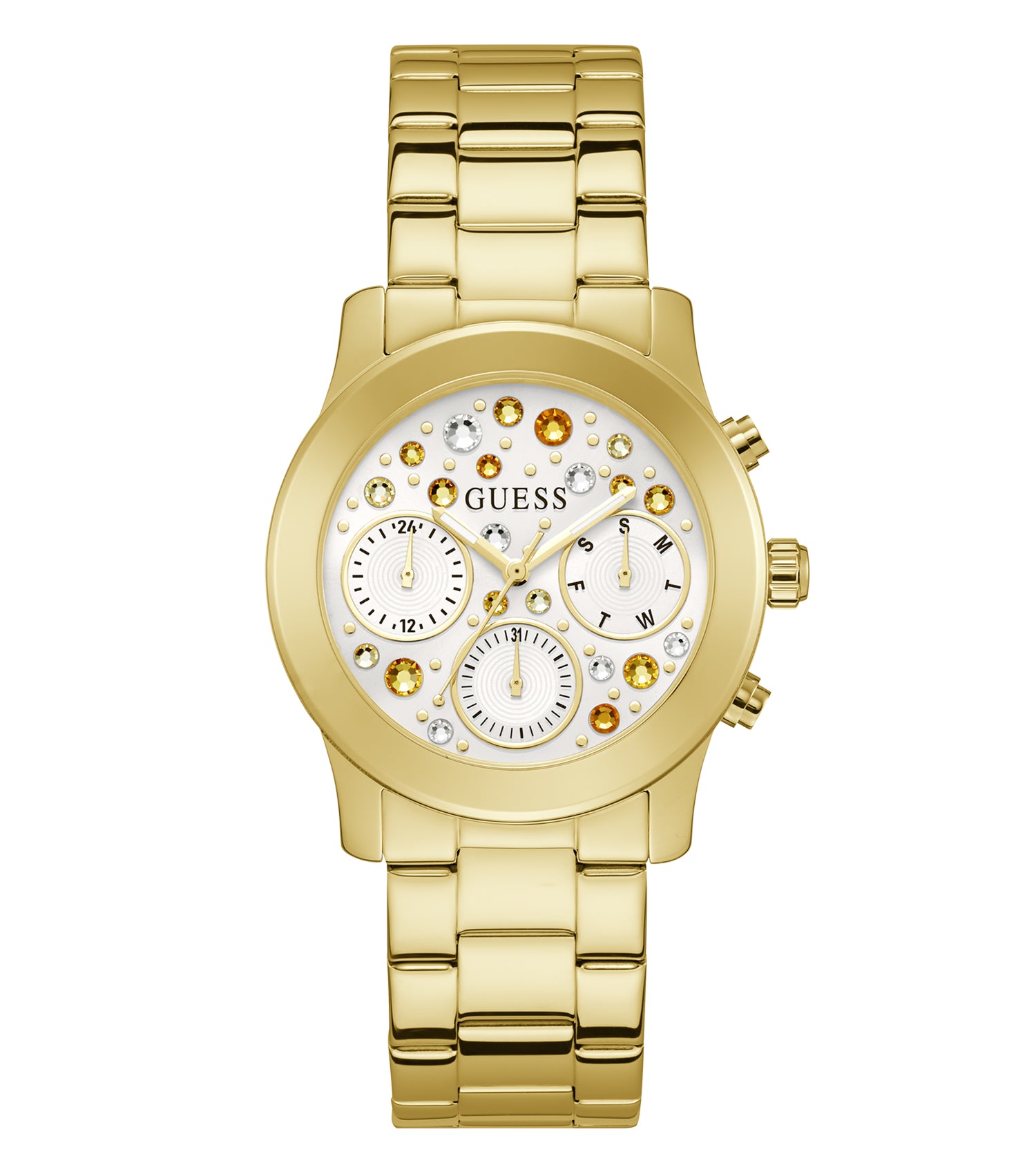 Elegant Guess quartz watch in rich gold color, displayed flat with a close-up view showcasing its chic design and subtle branding.