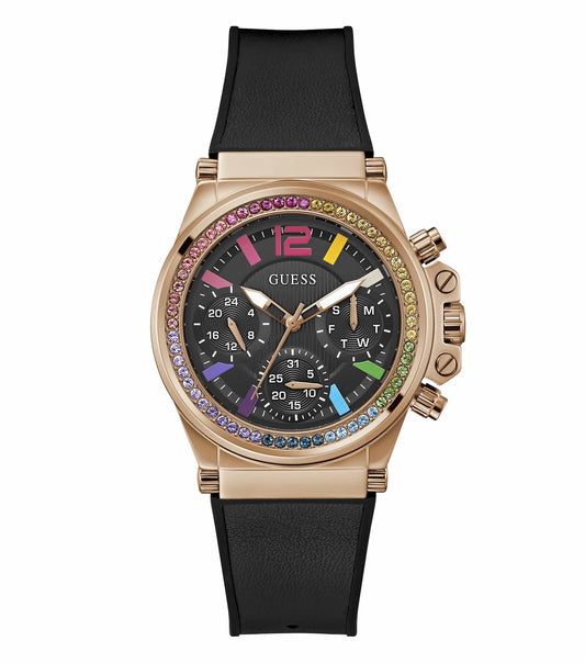 Elegant Guess watch with a sleek gold-tone metal bracelet, showcasing a round face, viewed from a side angle against a neutral background.